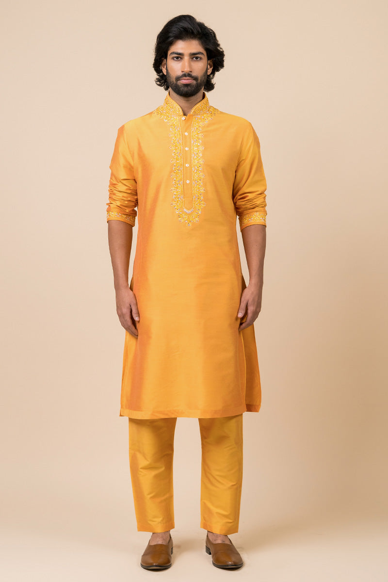 Yellow Ochre Kurta Set With Aari Work Detailing