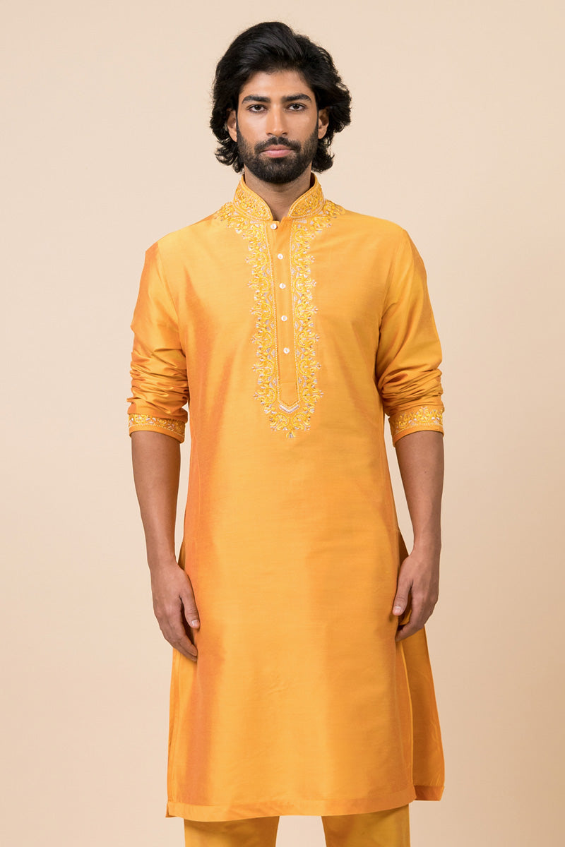 Yellow Ochre Kurta Set With Aari Work Detailing