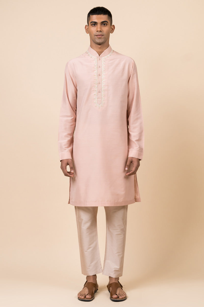 Pink Kurta Set With Embroidered Placket