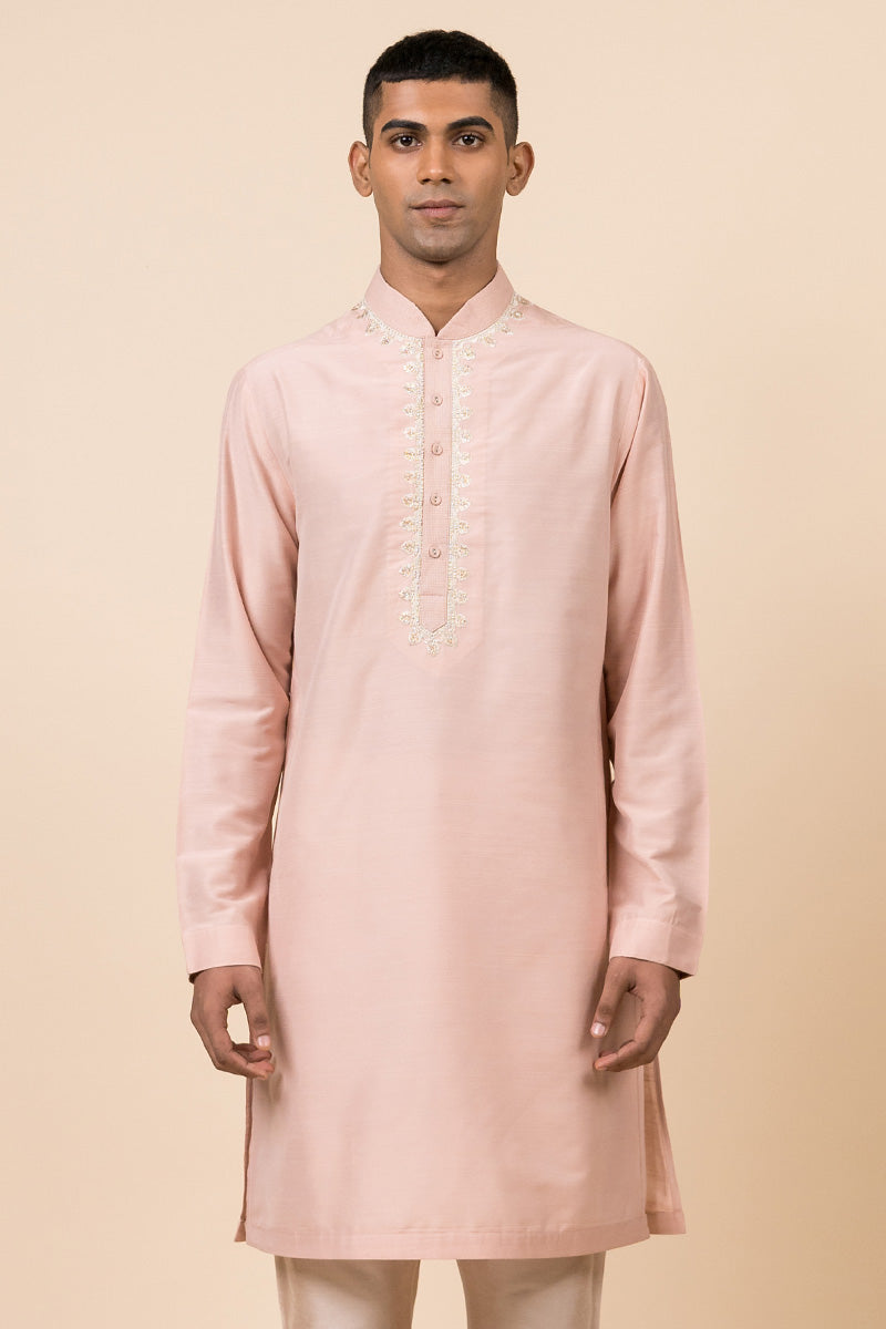 Pink Kurta Set With Embroidered Placket