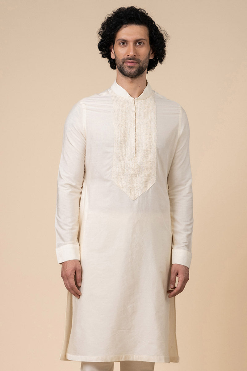 Ivory Kurta Set With Thread Textured Yoke Detailing