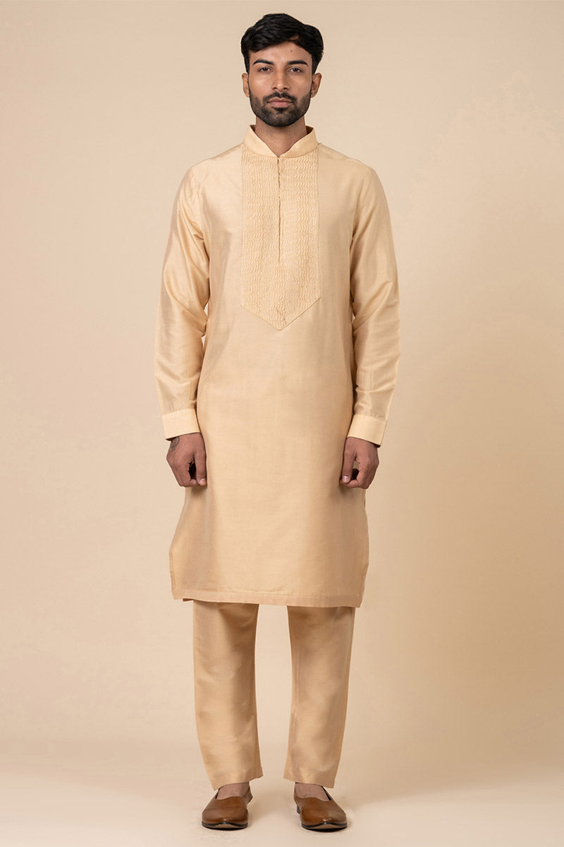 Beige Kurta Set With Thread Textured Yoke Detailing