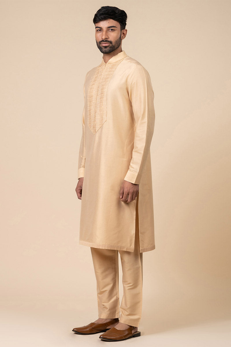 Beige Kurta Set With Thread Textured Yoke Detailing