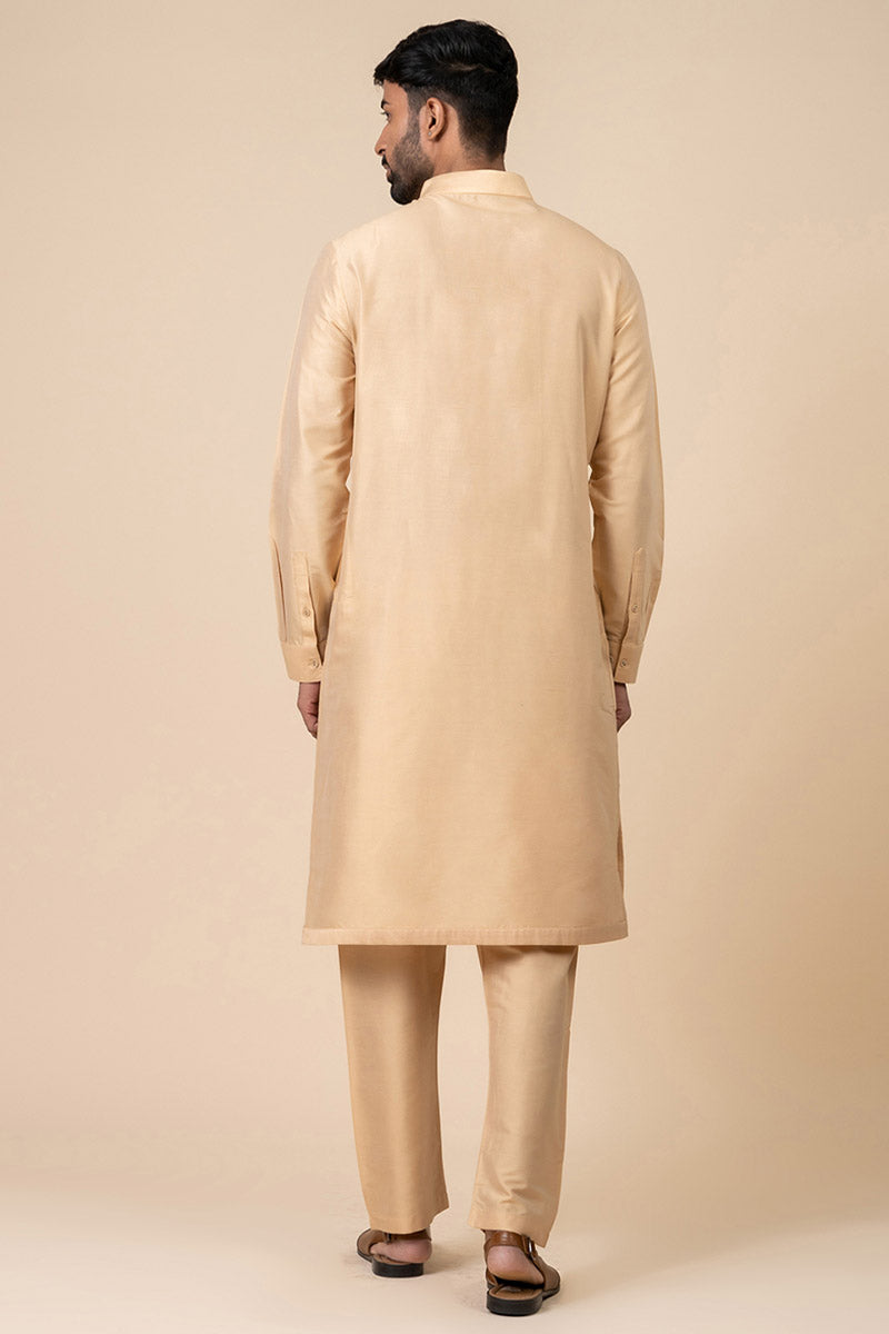 Beige Kurta Set With Thread Textured Yoke Detailing