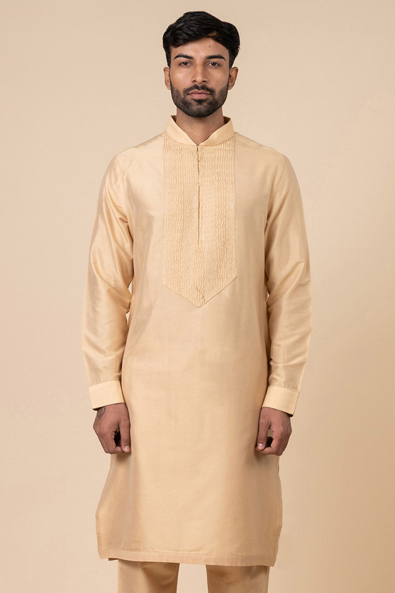 Beige Kurta Set With Thread Textured Yoke Detailing