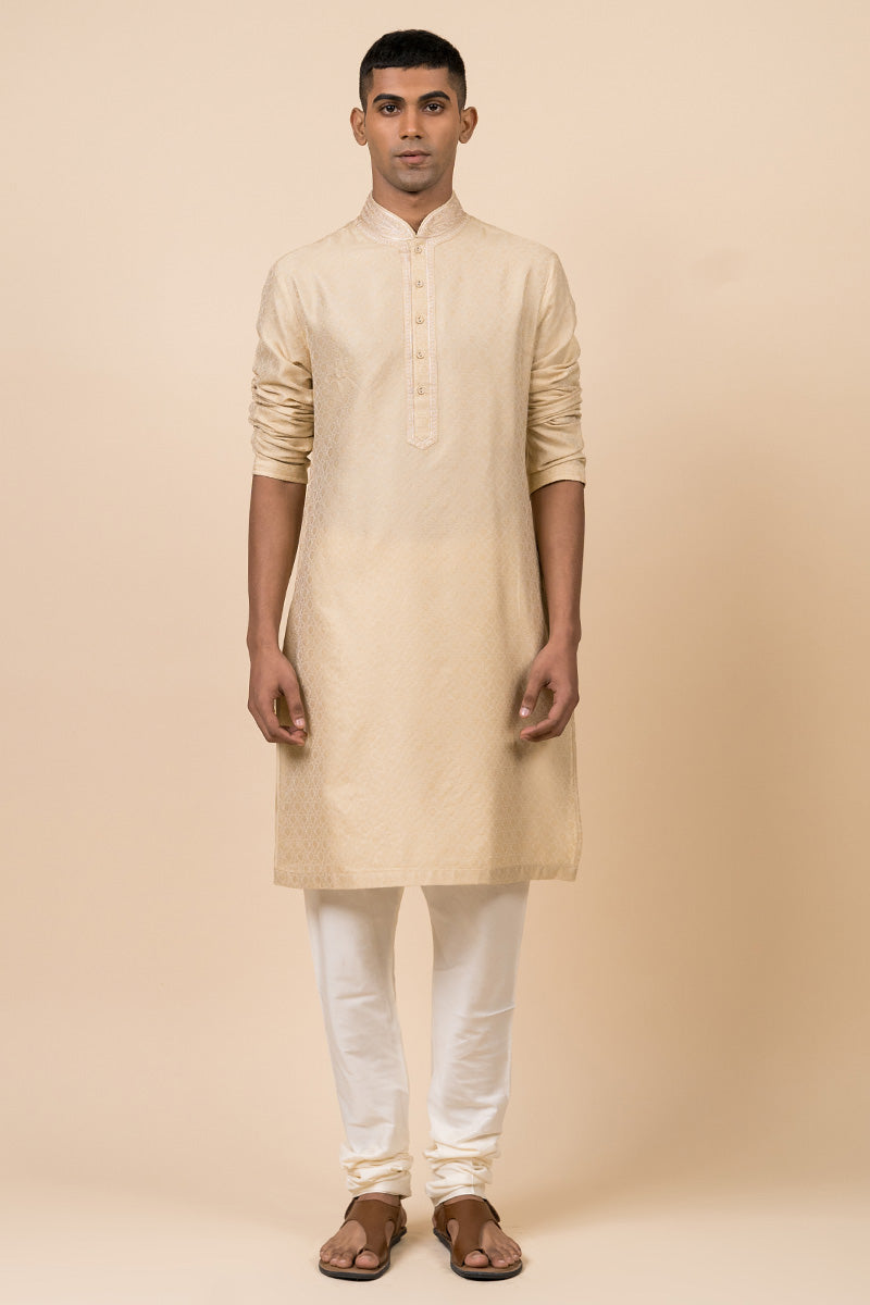 Beige Jacquard Kurta Set With Fine Aari Embroidery