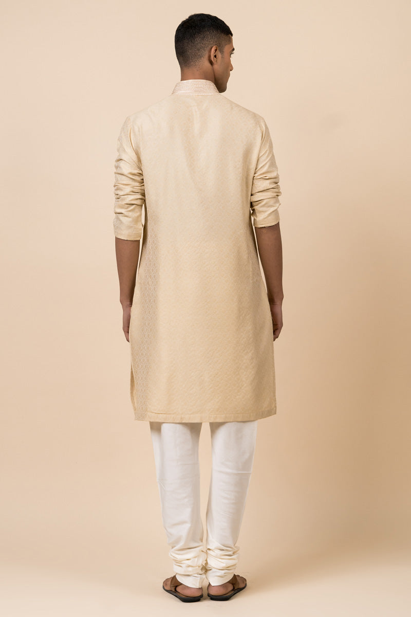 Beige Jacquard Kurta Set With Fine Aari Embroidery