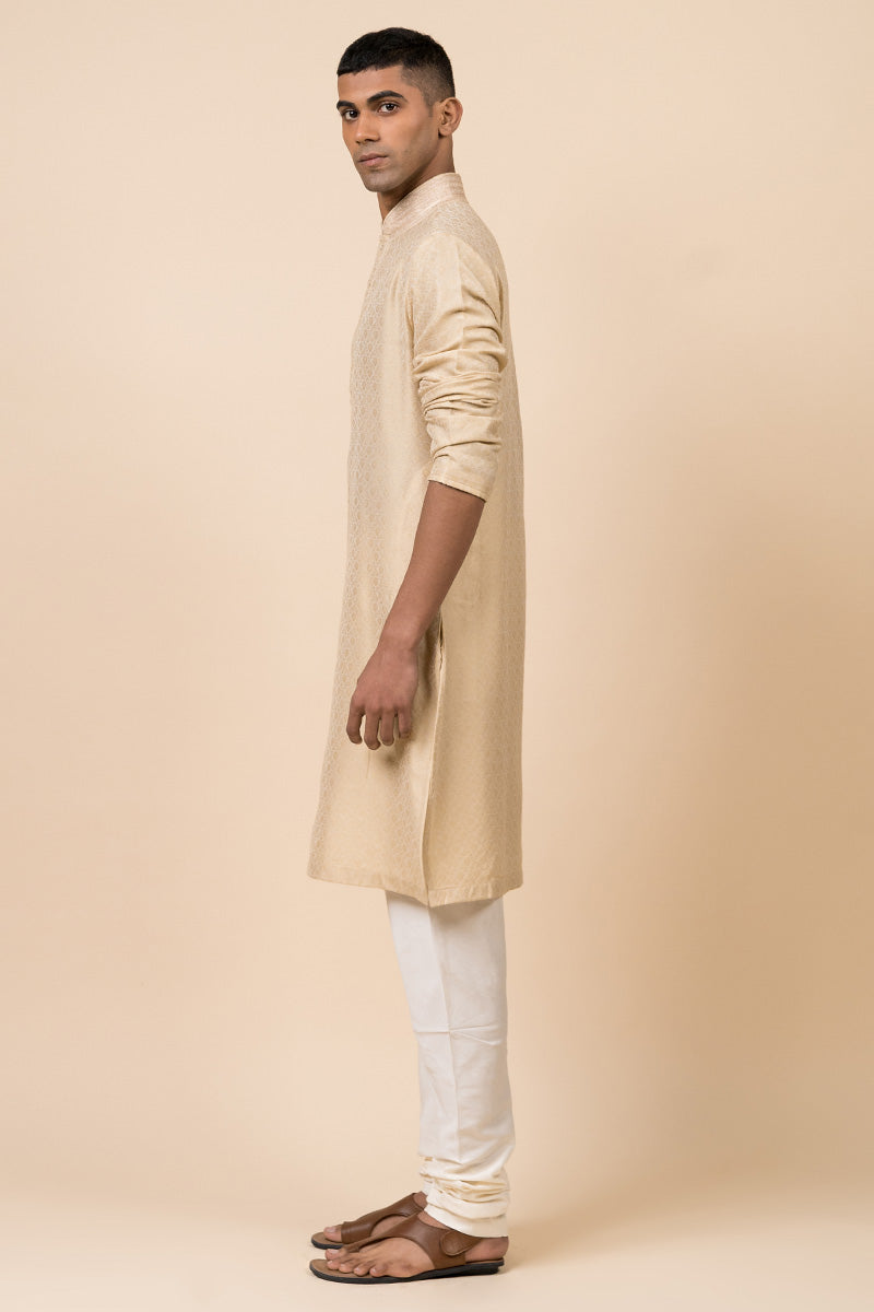 Beige Jacquard Kurta Set With Fine Aari Embroidery