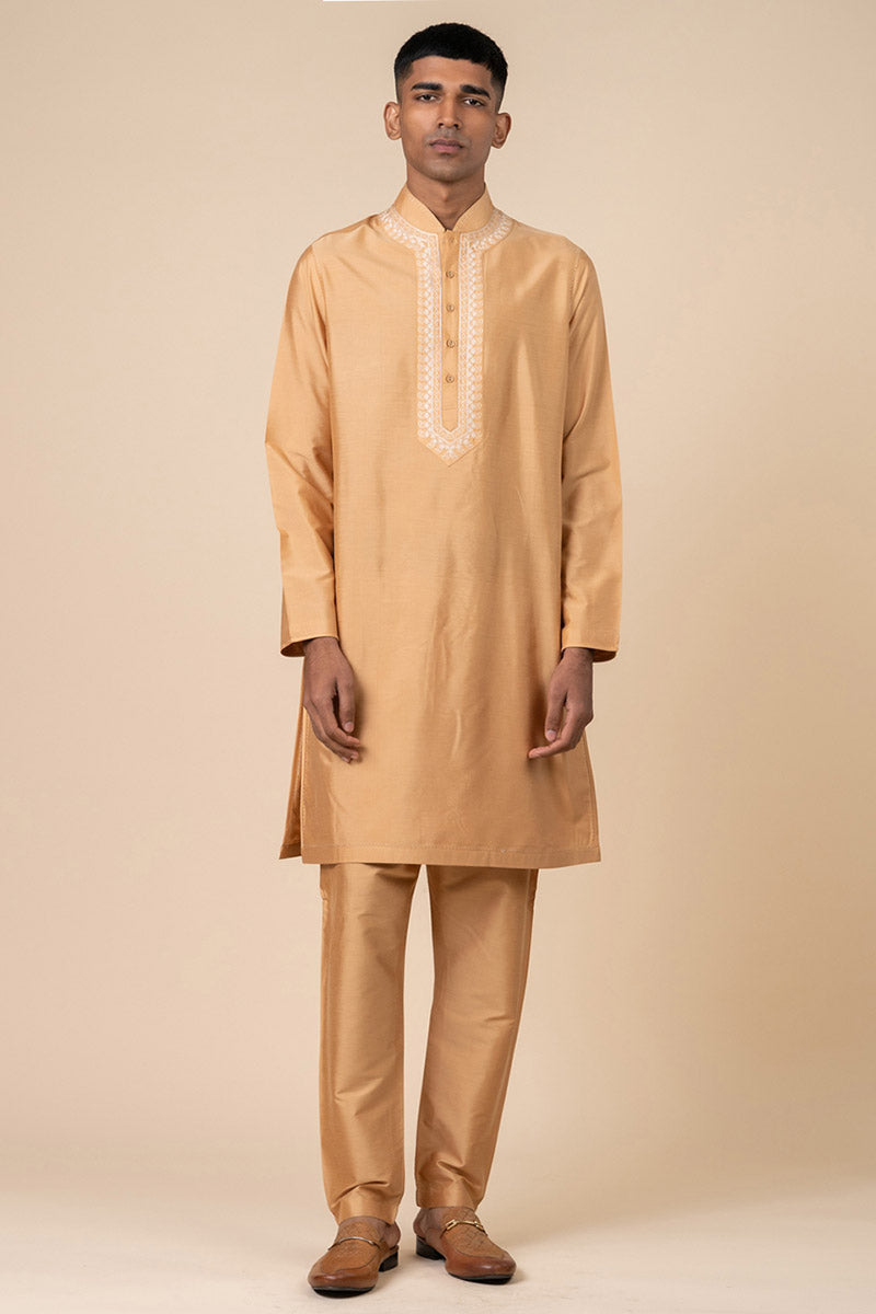 Beige Kurta Set With Aari Embroidered Packet