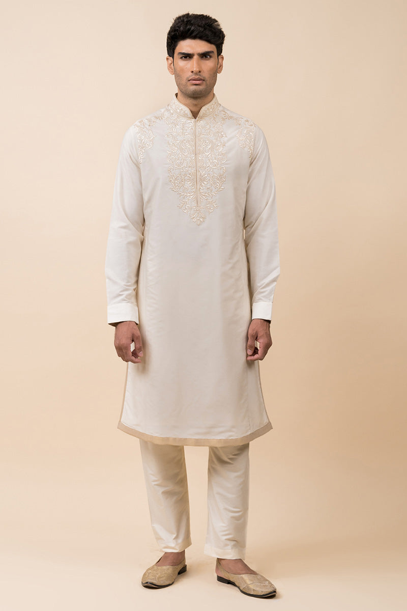 Ivory Kurta Set With Embroidered Placket