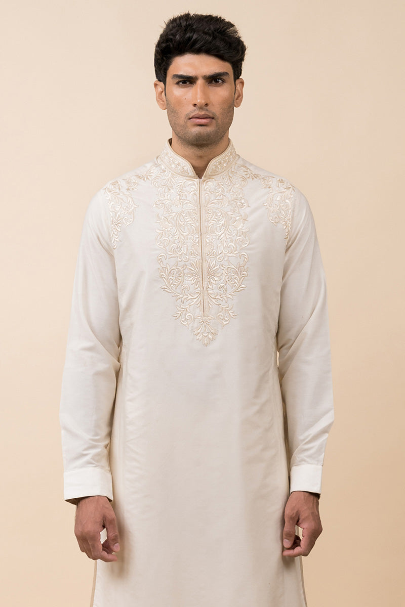 Ivory Kurta Set With Embroidered Placket