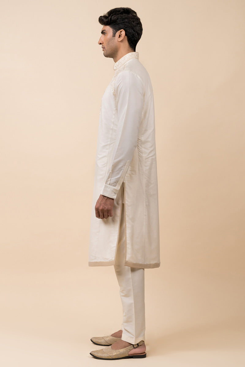 Ivory Kurta Set With Embroidered Placket