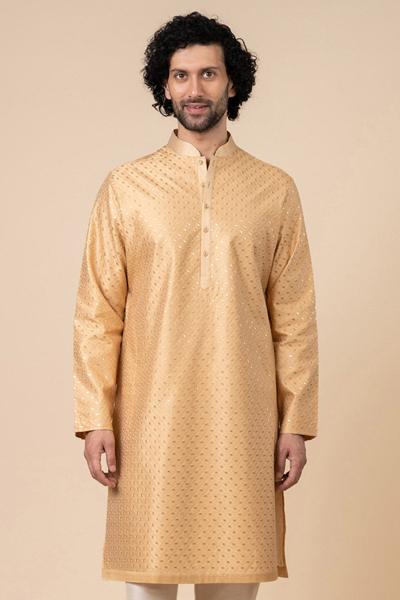 Yellow Ochre Textured Embroidered Kurta Set