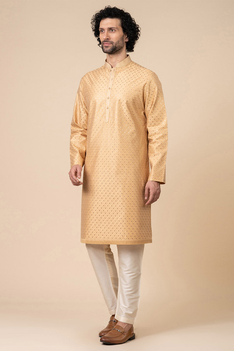 Yellow Ochre Textured Embroidered Kurta Set