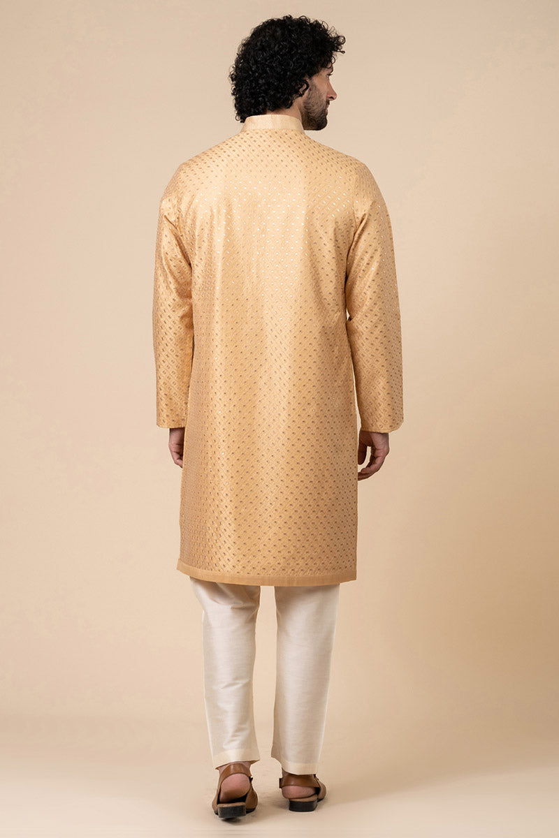 Yellow Ochre Textured Embroidered Kurta Set