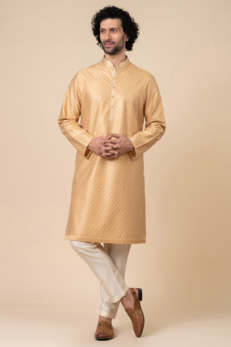 Yellow Ochre Textured Embroidered Kurta Set