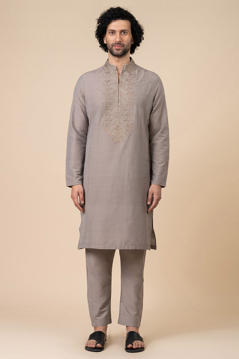 Medium Grey Kurta Set With Elaborated Resham Work