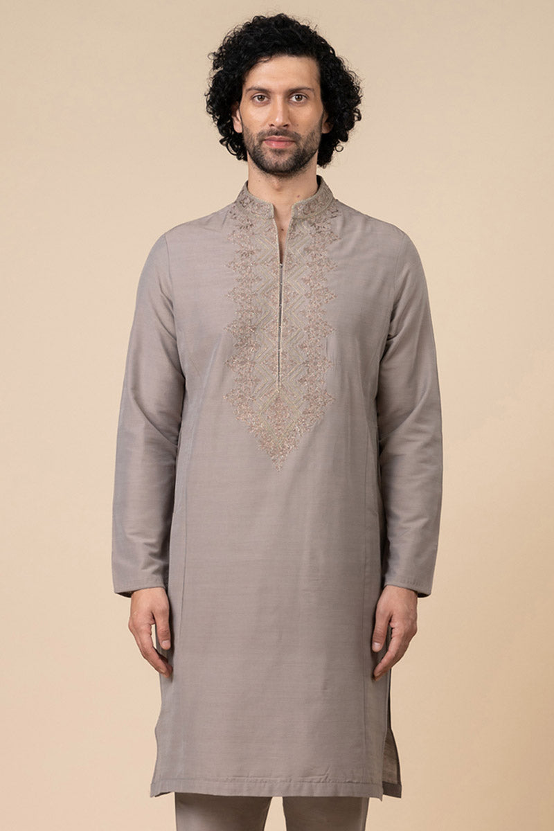 Medium Grey Kurta Set With Elaborated Resham Work