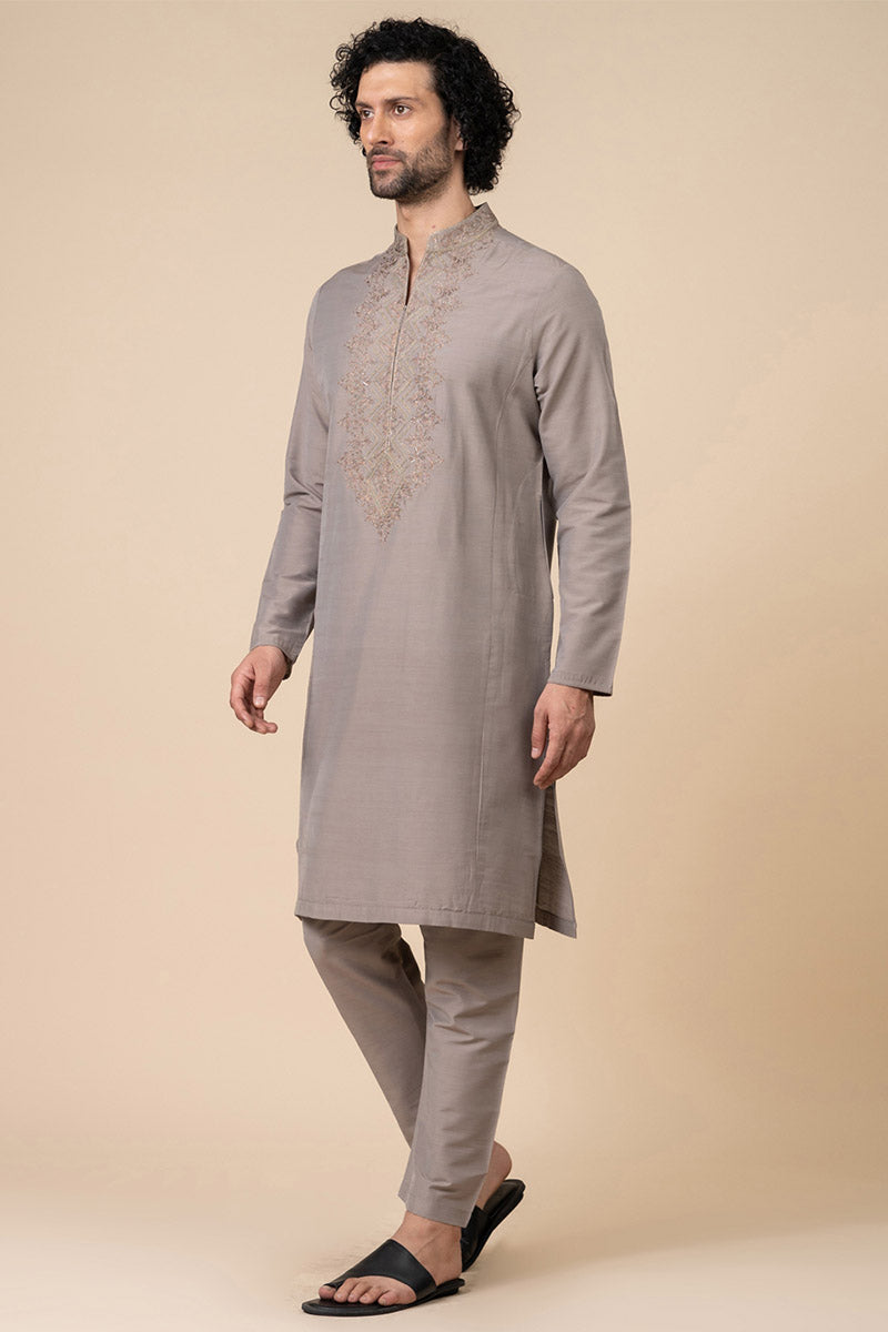 Medium Grey Kurta Set With Elaborated Resham Work