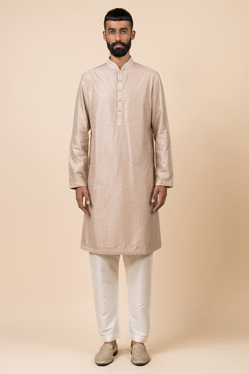 Beige Textured Embroidered Kurta Set