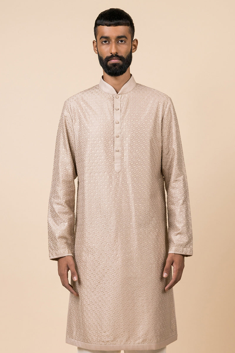 Beige Textured Embroidered Kurta Set