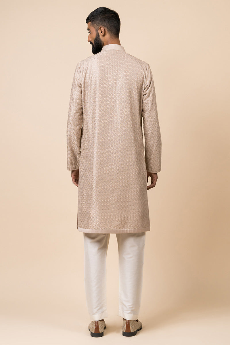 Beige Textured Embroidered Kurta Set