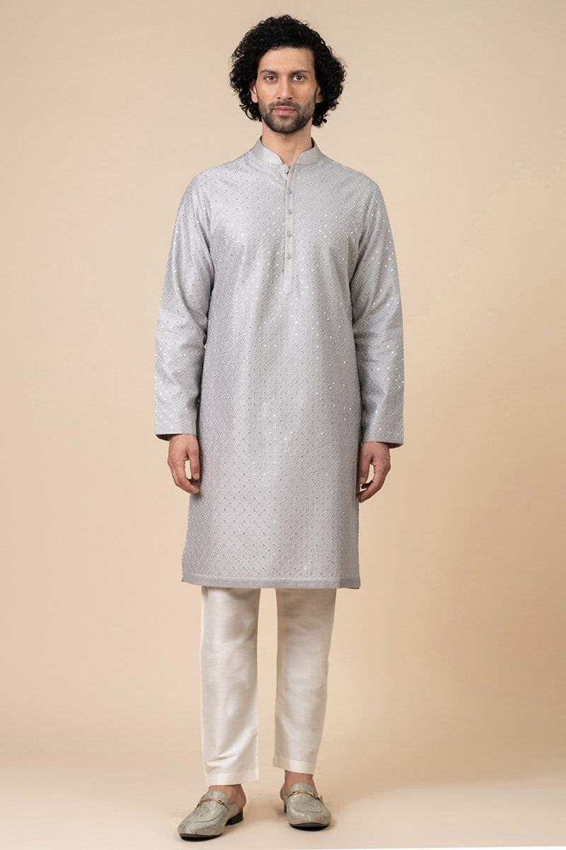 Silver Textured Embroidered Kurta Set