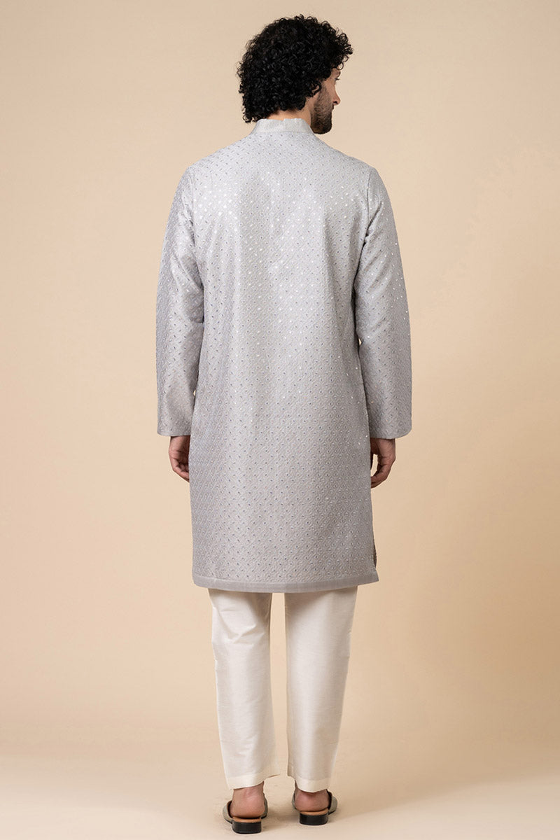 Silver Textured Embroidered Kurta Set