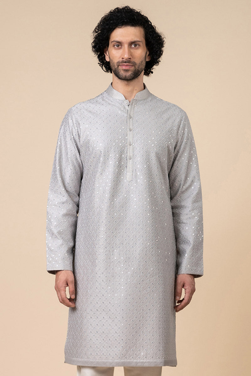 Silver Textured Embroidered Kurta Set