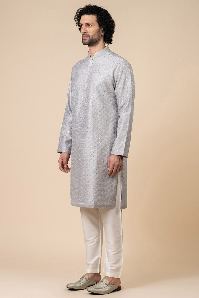 Silver Textured Embroidered Kurta Set