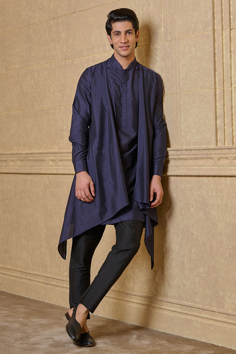 Navy Kurta Set With Drape Panels