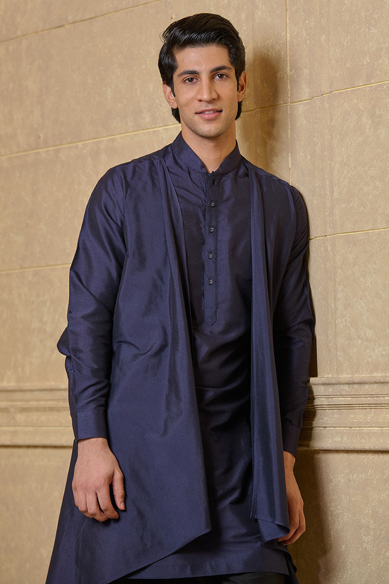 Navy Kurta Set With Drape Panels