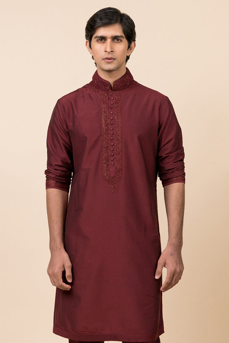 Maroon Kurta Set With Tonal Dori Embroidery