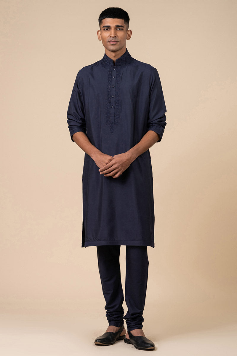 Navy Kurta Set With Tonal Dori Embroidery