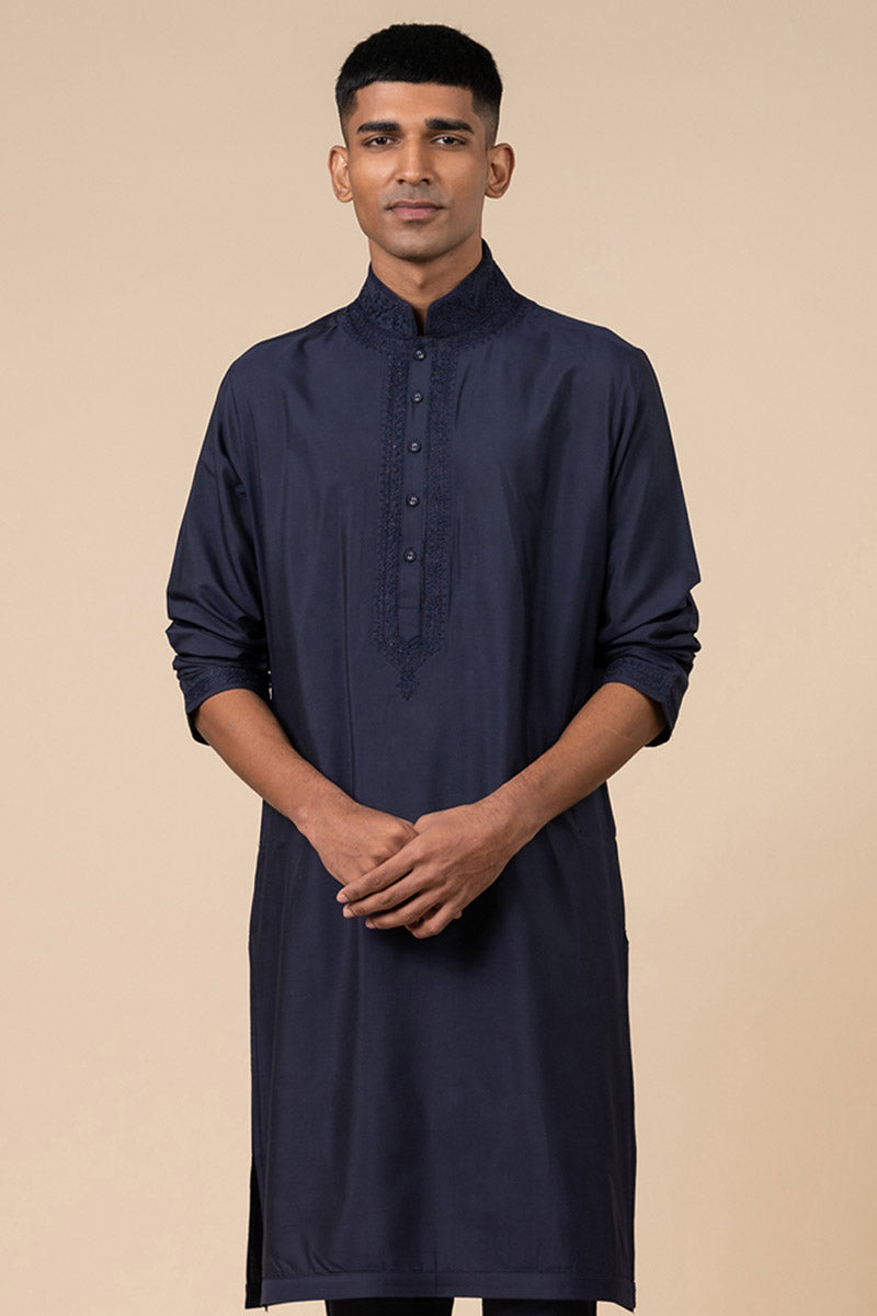 Navy Kurta Set With Tonal Dori Embroidery