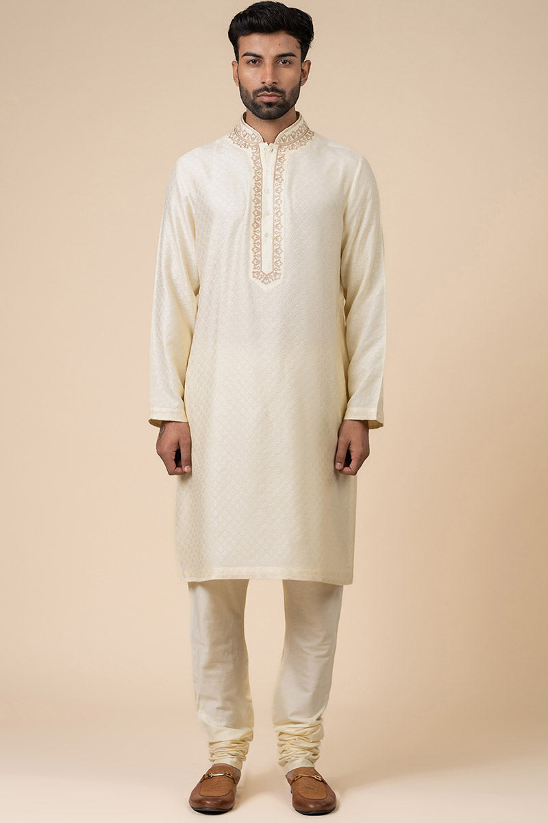 Beige Jacquard Kurta Set With Aari Embroidered Placket