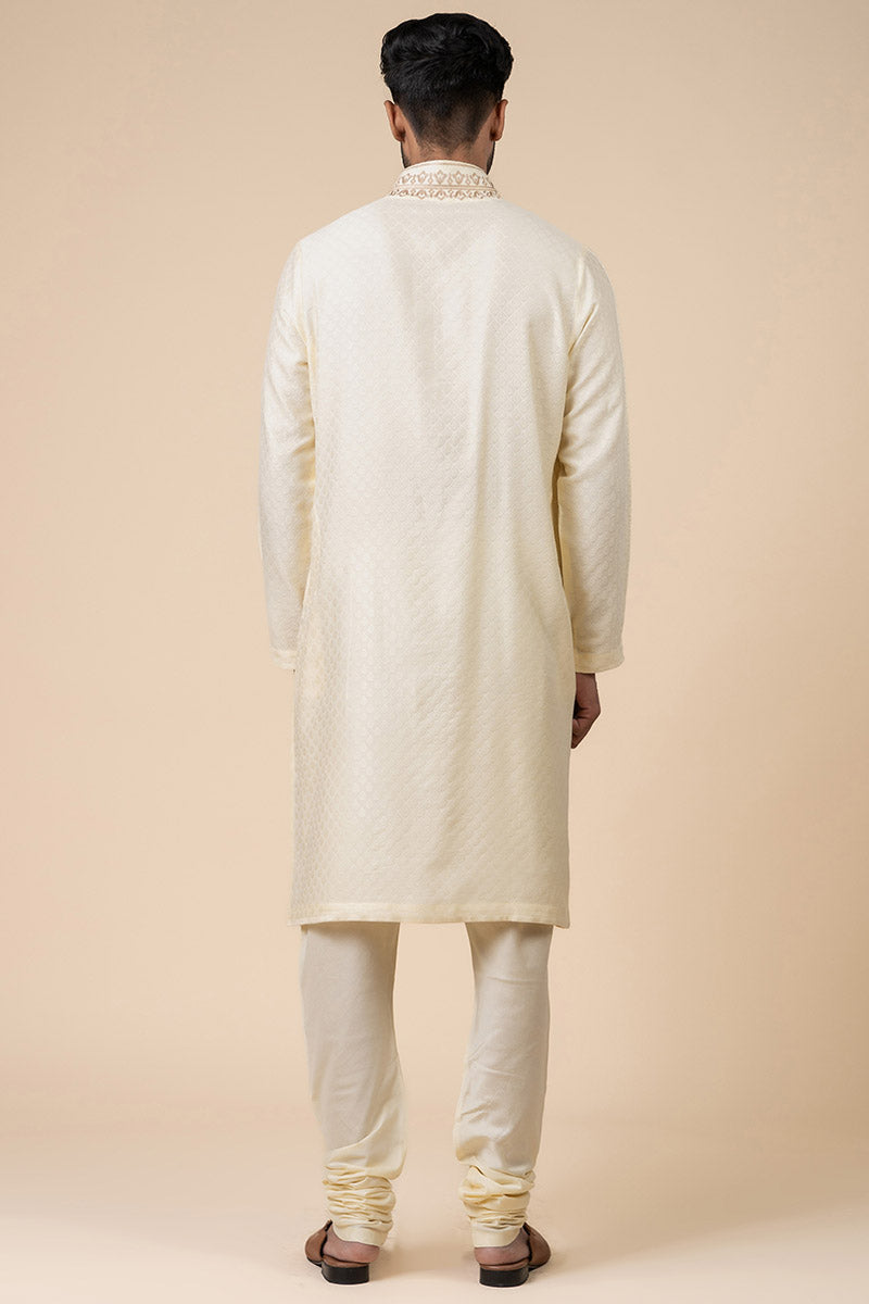 Beige Jacquard Kurta Set With Aari Embroidered Placket