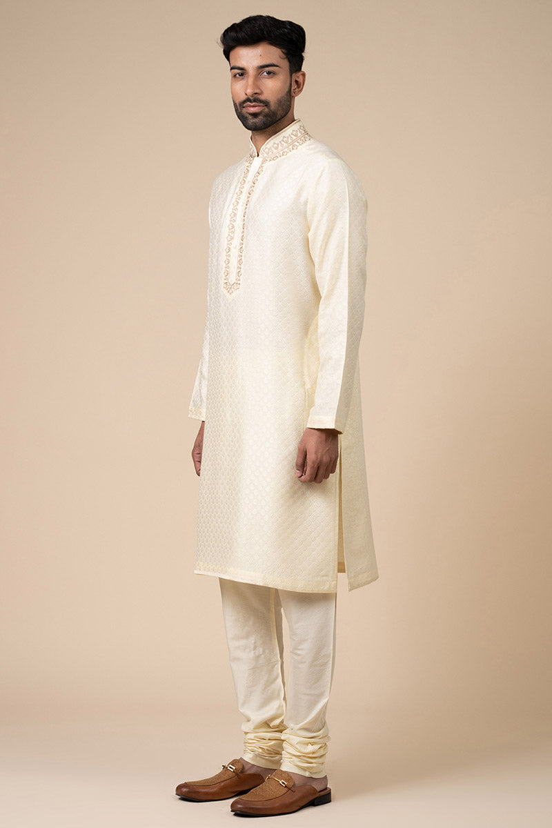 Beige Jacquard Kurta Set With Aari Embroidered Placket