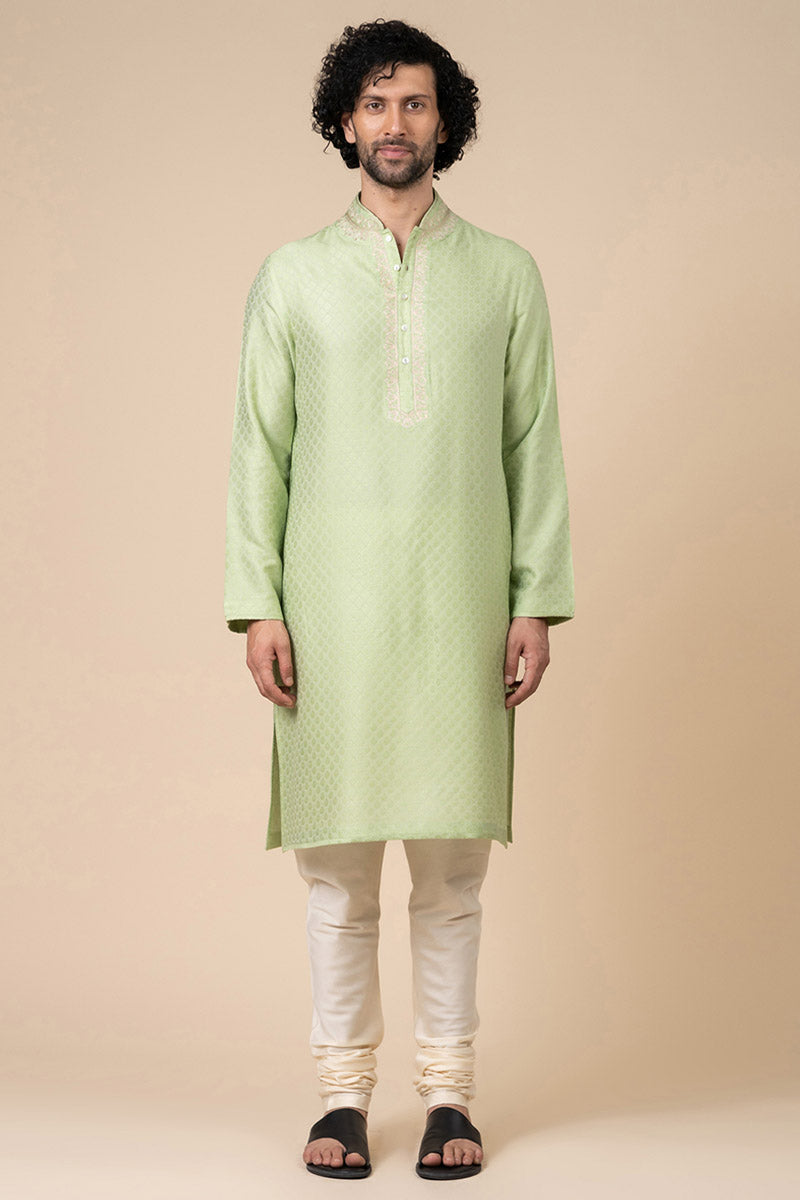 Light Green Jacquard Kurta Set With Aari Embroidered Placket