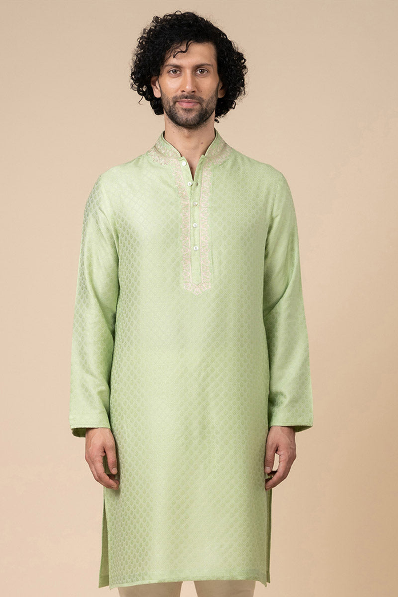 Light Green Jacquard Kurta Set With Aari Embroidered Placket