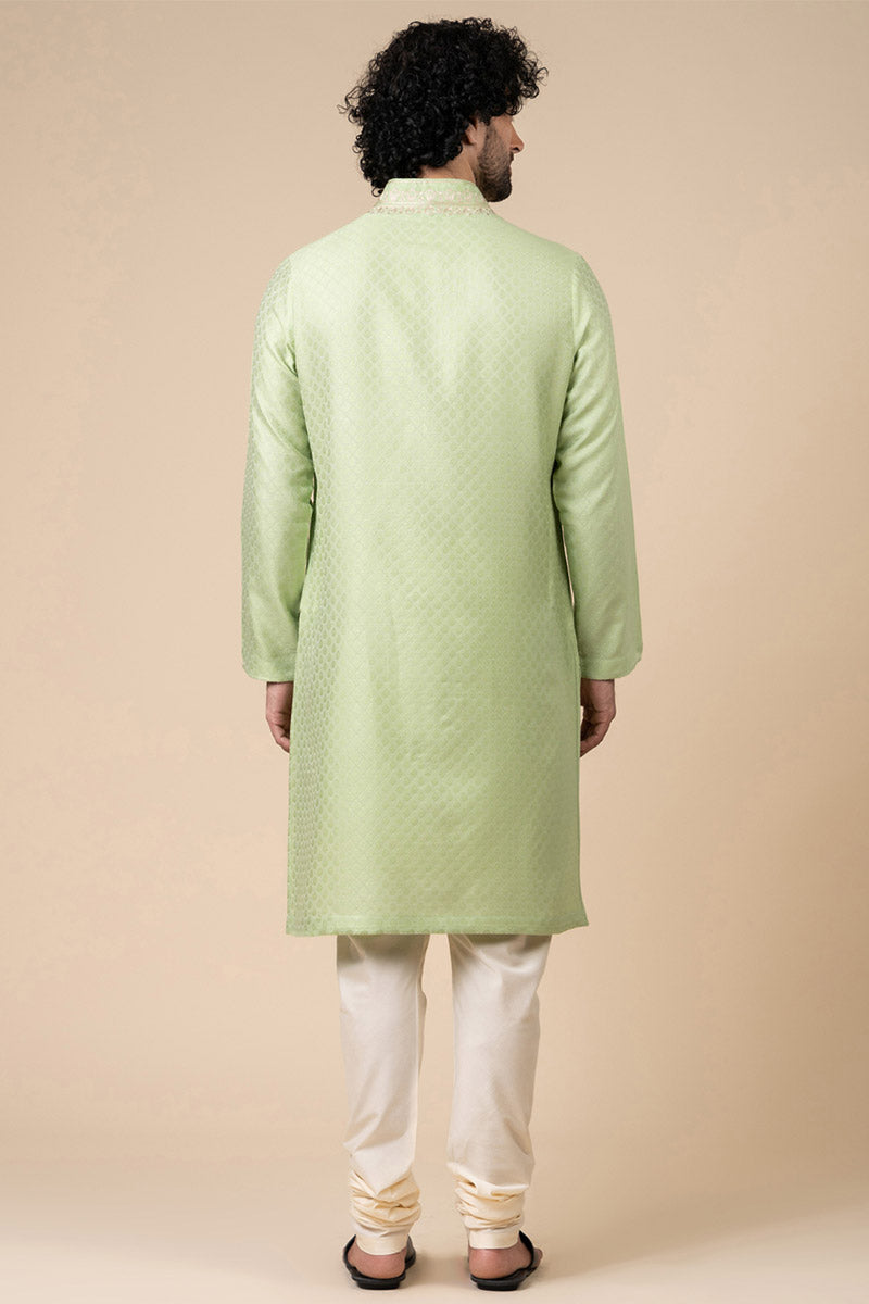 Light Green Jacquard Kurta Set With Aari Embroidered Placket