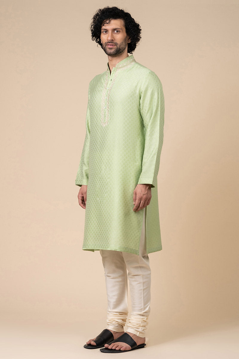 Light Green Jacquard Kurta Set With Aari Embroidered Placket