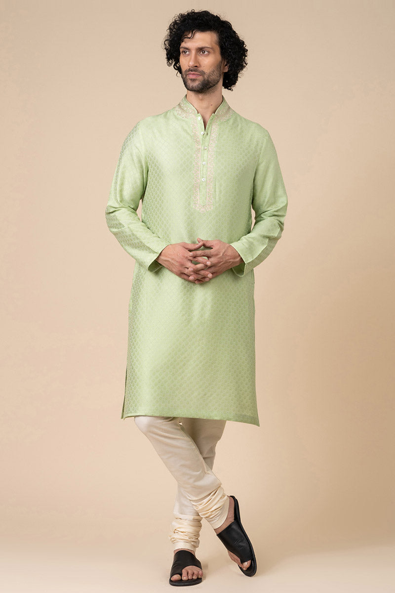 Light Green Jacquard Kurta Set With Aari Embroidered Placket