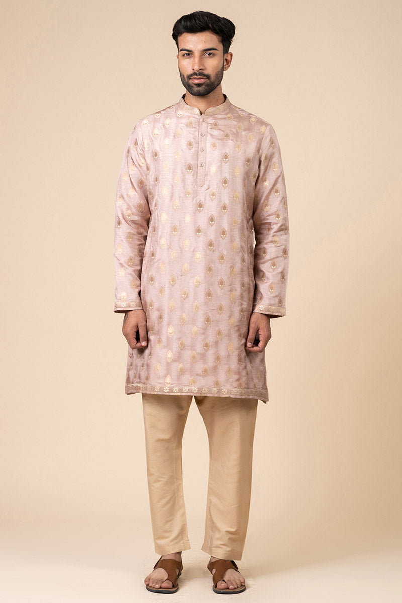 Pink Woven Zari Jacquard Kurta Set