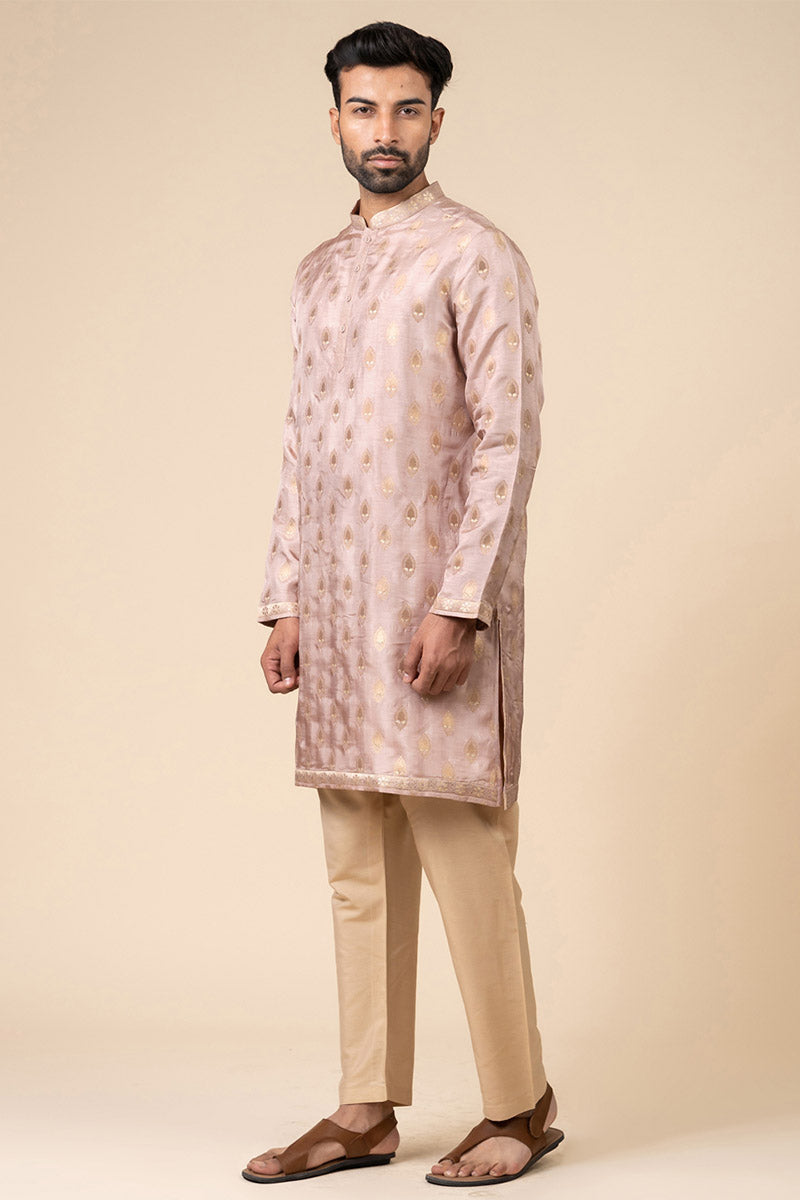 Pink Woven Zari Jacquard Kurta Set