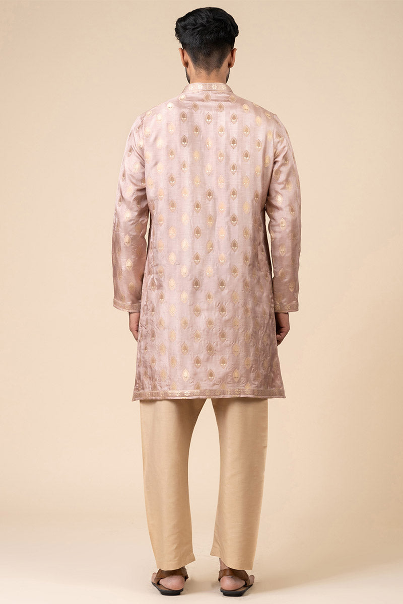 Pink Woven Zari Jacquard Kurta Set