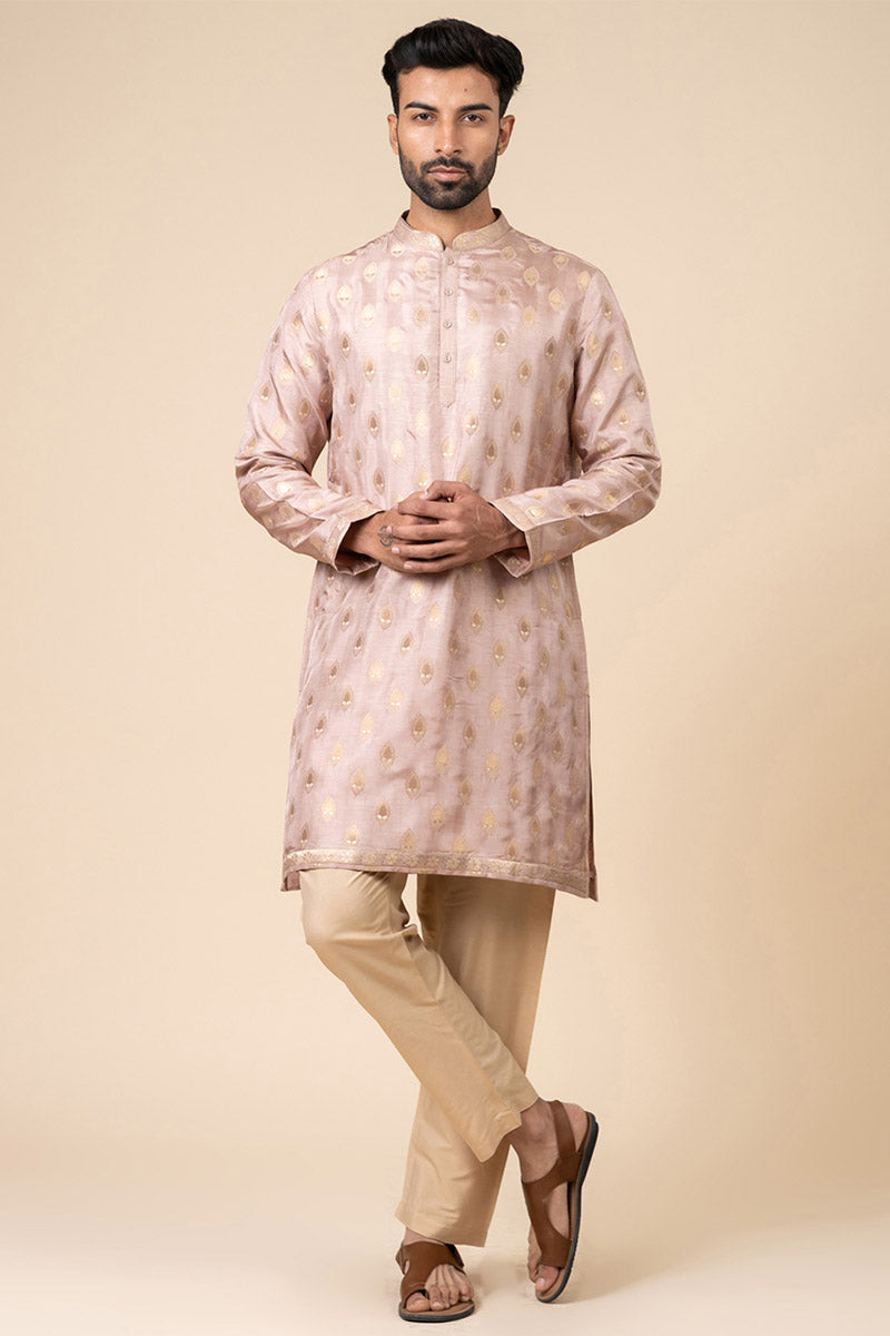 Pink Woven Zari Jacquard Kurta Set