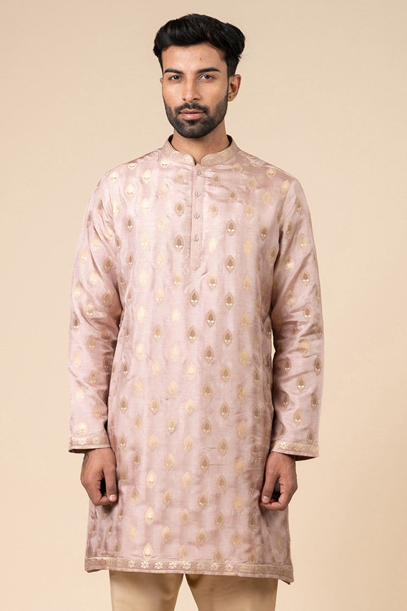 Pink Woven Zari Jacquard Kurta Set