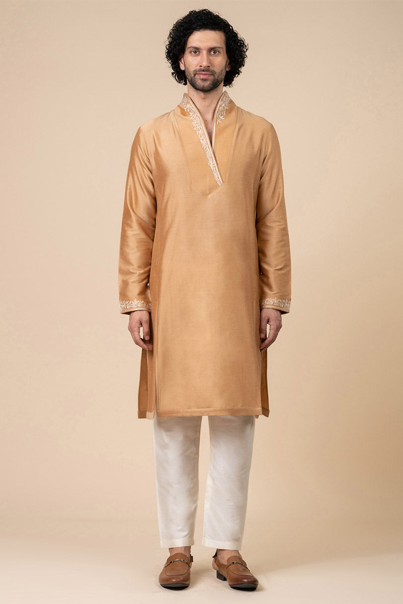 Yellow Ochre Kurta Set with Stylised Embroidered Neck