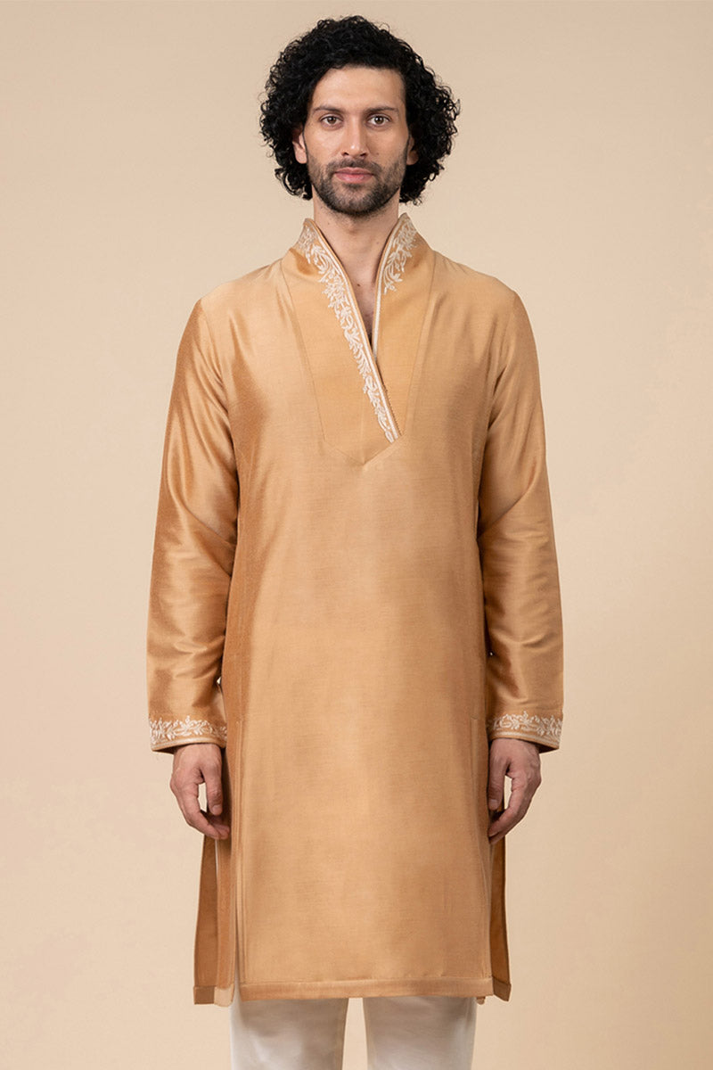 Yellow Ochre Kurta Set with Stylised Embroidered Neck